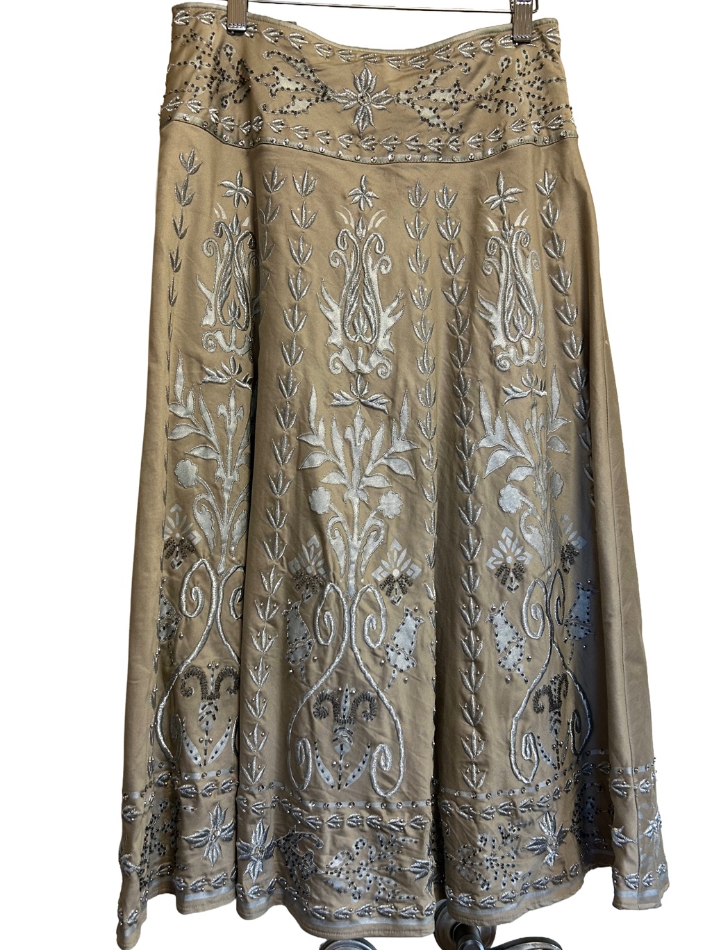 Anthropologie Basil Maude Silver Beaded Boho Midi Skirt Tan Hand Embellished 4 — image 2 of 4